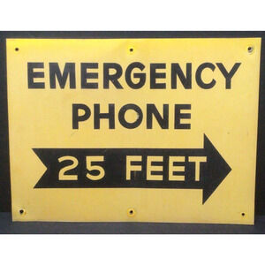 Vtg Emergency Phone Telephone Sign 25 Feet Arrow Yellow Metal 24"x18" Old 936A